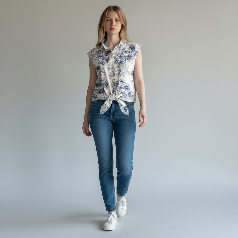 Tamara H. Toile Floral Tie Front Blouse Women Medium Blue White Sleeveless Top